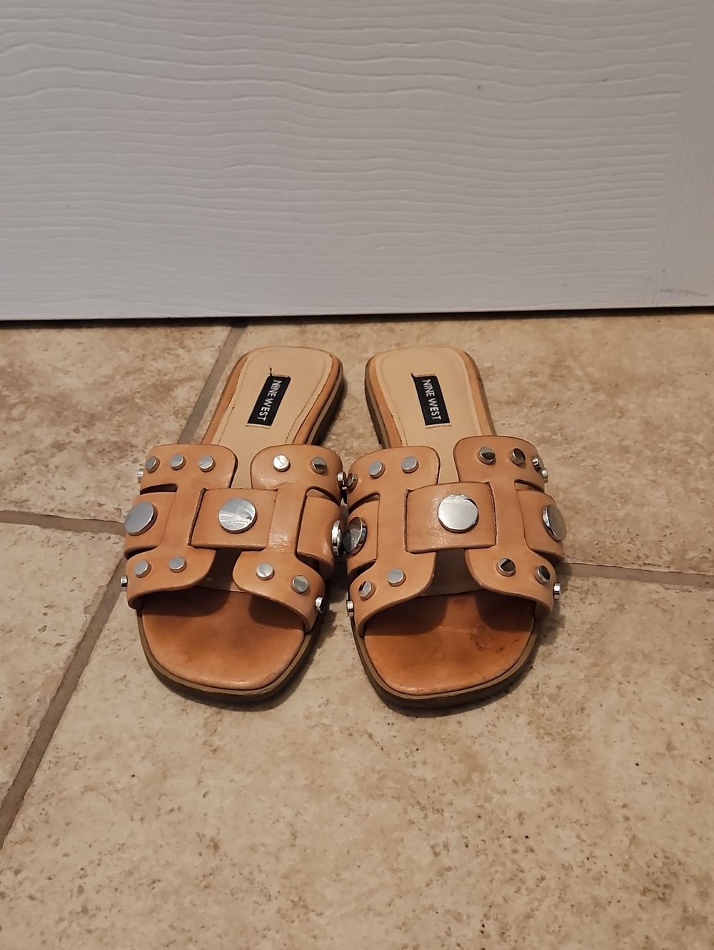 Nine West Tan Leather Studded Slide Mules